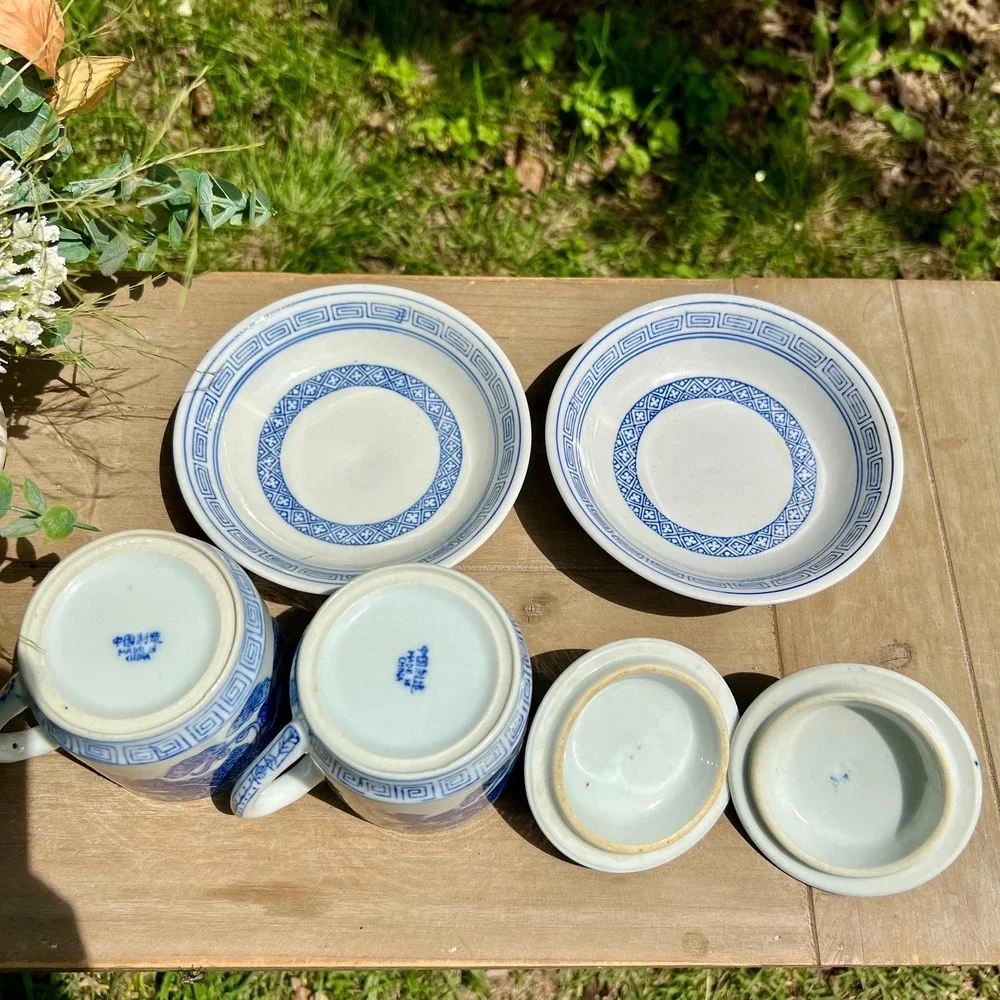 Vintage Oriental Blue & White Cup and Saucers w/ Lids | Set of 2